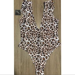ZAFUL Leopard Ruffle Plunging OnePiece BathingSuit
